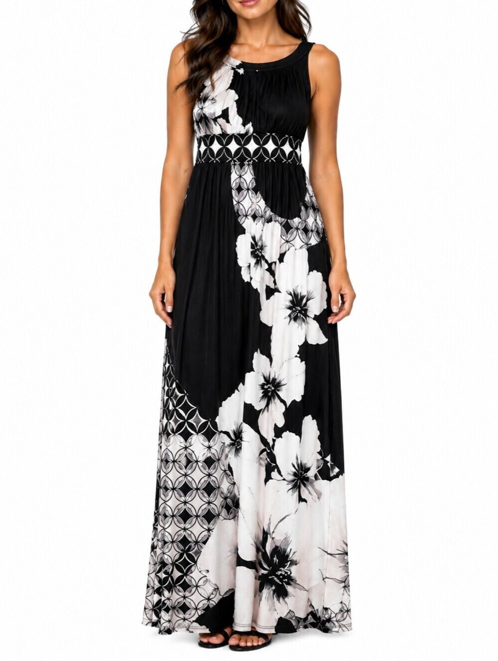 Carmen Marc Valvo White and Black Sleeveless Floral Maxi Dress